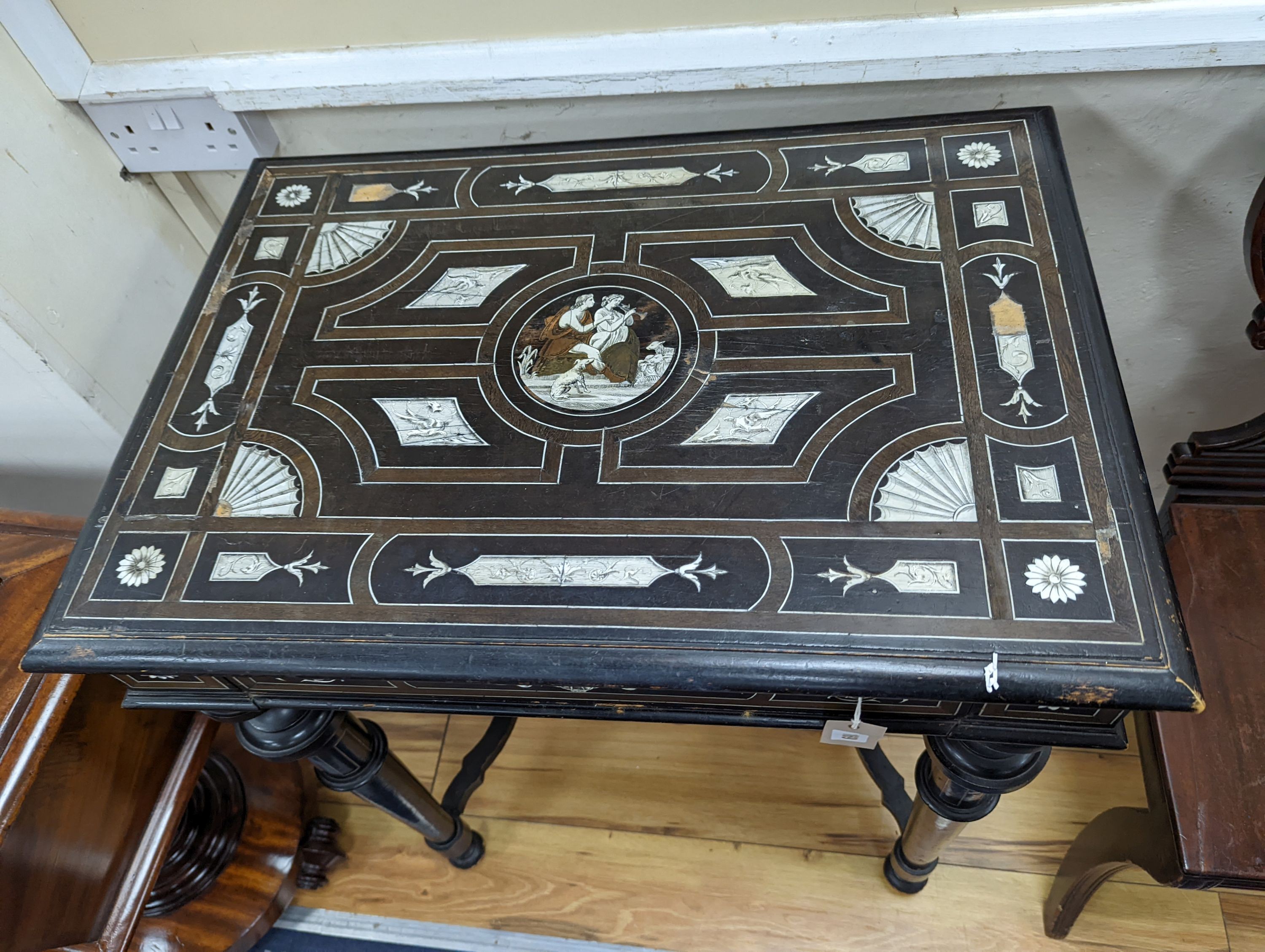 A 19th century Italian bone inlaid ebonised side table, width 68cm, depth 48cm, height 81cm